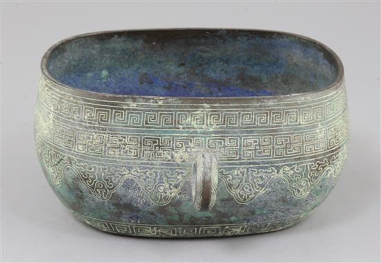 A Chinese archaic bronze oblong cup, Eastern Zhou dynasty/Spring & Autumn period, 5th-3rd century B.C., 20cm wide